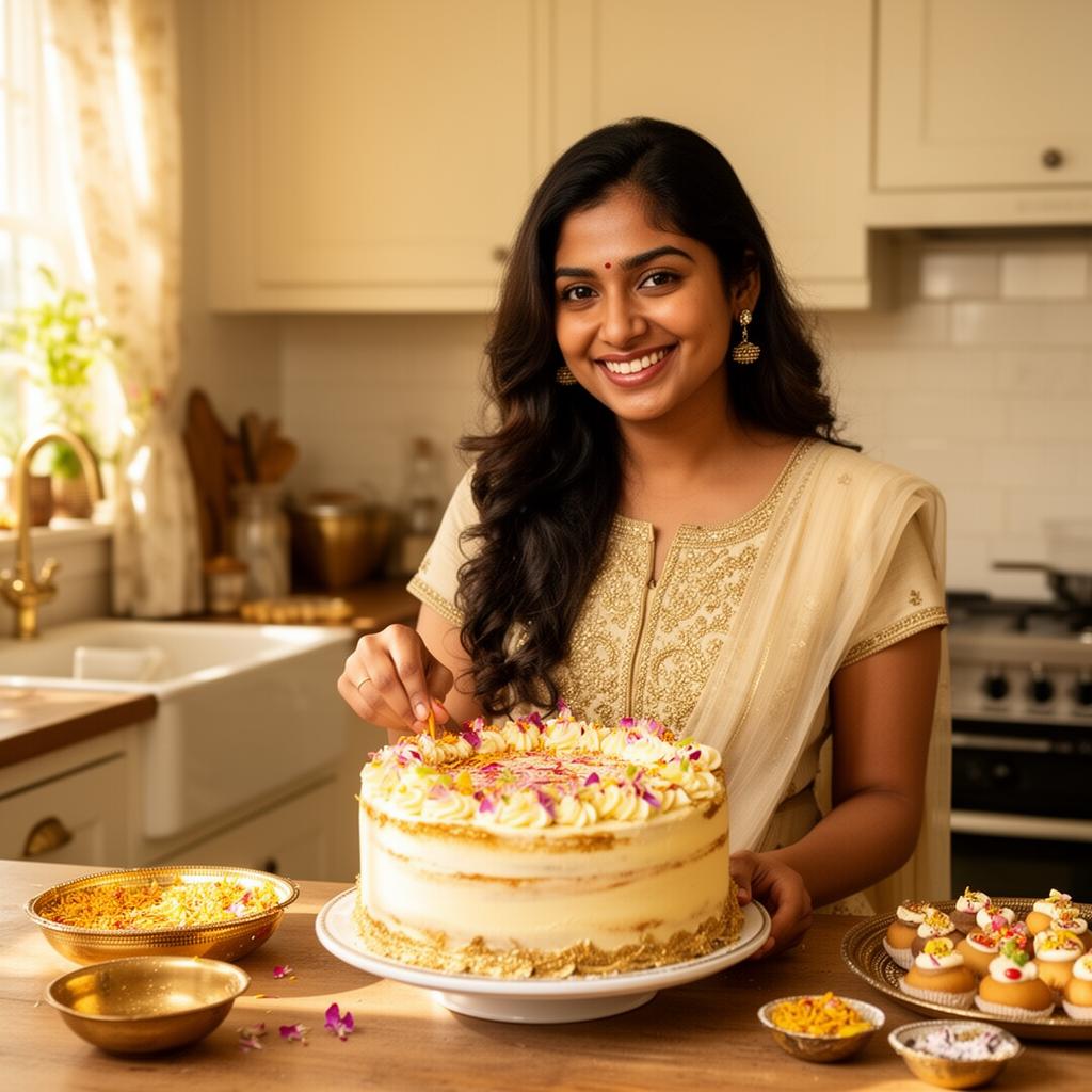 Home baker decorating cake
